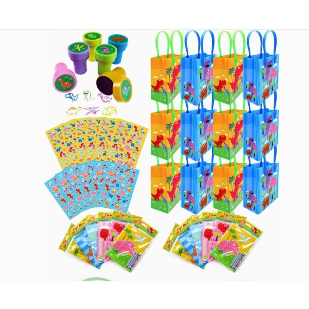 Dinosaur-Themed Kids Party Favor Set Includes Bags Stampers Stickers & Coloring‎